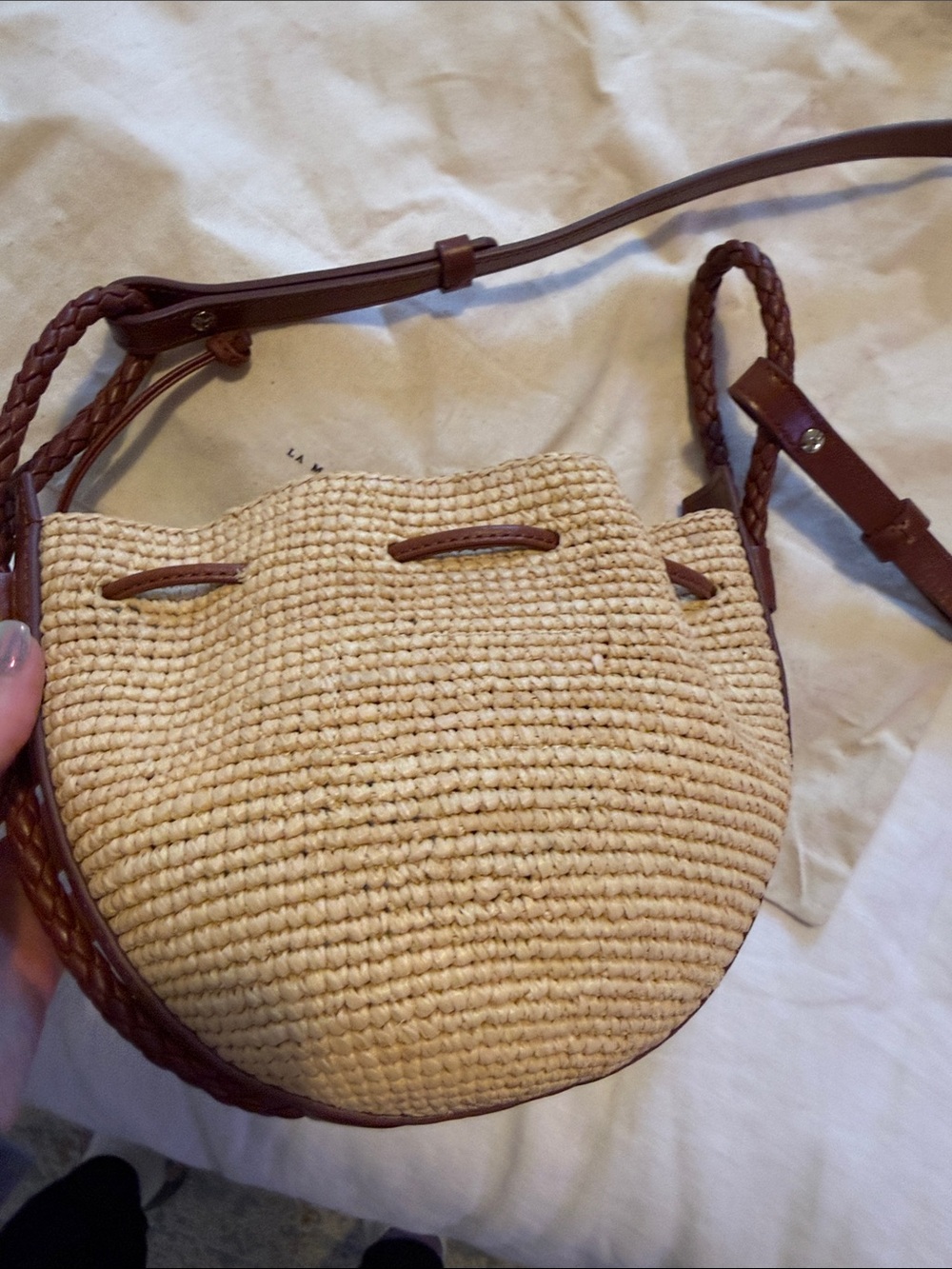 Sezane Natural Straw Crossbody with Brown Leather Trim - Picture 6 of 6
